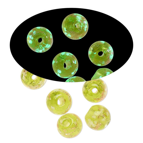 Bead, lampworked glass, clear / peridot green / glow-in-the-dark / gold, 8mm round. Sold per pkg of 6. image number 0