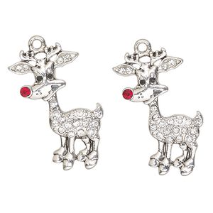 Focal, antique silver-finished "pewter" (zinc-based alloy) / enamel / glass, clear, red and black, 32x21mm red-nosed reindeer. Sold per pkg of 2.