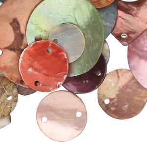 Component mix, Chinese mussel shell (natural / bleached / dyed / coated), mixed colors, 10x10mm-36x34mm flat round / flat diamond / flat rectangle. Sold per 1-ounce pkg, approximately 70 components.