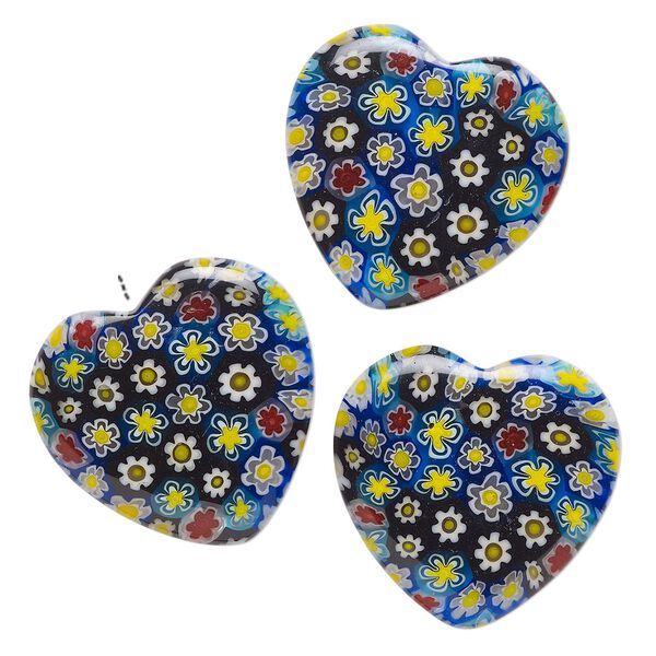 Bead, millefiori glass, translucent multicolored, 24-26mm half-drilled puffed heart with flower design. Sold per pkg of 3. image number 0