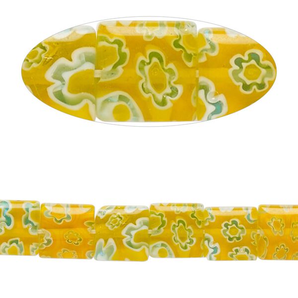 Bead, millefiori glass, translucent orange / blue / white, 7mm-9x8mm puffed square with flower design. Sold per 14-inch strand. image number 0