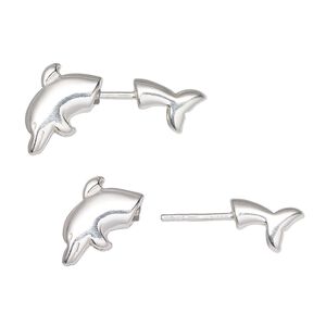 Earstud, front and back, sterling silver and silicone, 12.5mm dolphin head and 10mm dolphin tail. Sold per pair.