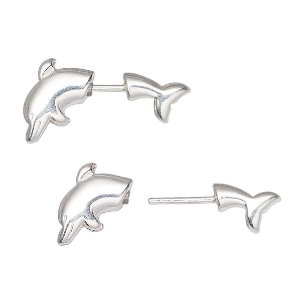 Earstud, front and back, sterling silver and silicone, 12.5mm dolphin head and 10mm dolphin tail. Sold per pair. image number 0