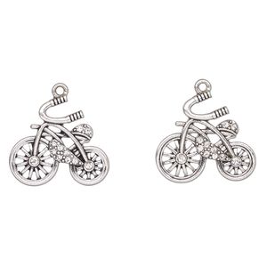 Charm, antique silver-finished "pewter" (zinc-based alloy) and glass, clear, 26x23mm bicycle. Sold per pkg of 2.