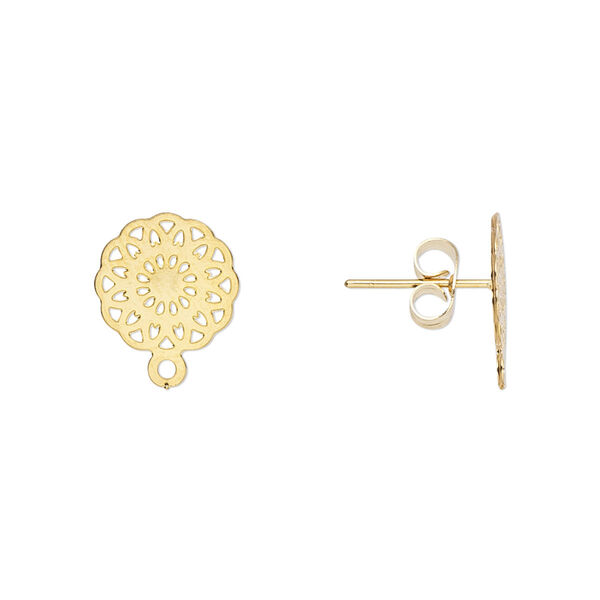 Earstud, Lazer Lace™, gold-finished stainless steel, 11mm flower with cutout design and closed loop. Sold per pkg of 4 pairs. image number 0