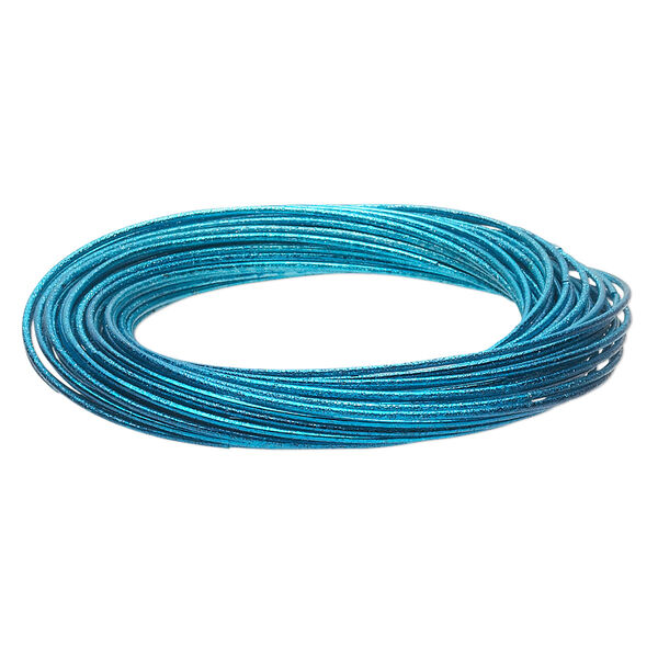 Bracelet, bangle, painted steel, metallic light blue, 12mm wide with (40) interlocking textured bands, 8 inches. Sold individually. image number 0