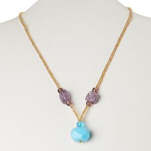 Multi-gemstone / glass / "pewter" (zinc-based alloy) 1pkg1, AB silver-finished / antique gold-finished faceted nugget necklace 17 inch / lobster claw clasp large