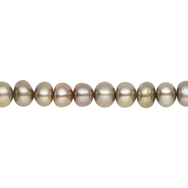 Pearl, cultured freshwater (dyed), green, 4x3mm-6x4mm button, B- grade, Mohs hardness 2-1/2 to 4. Sold per 16-inch strand. image number 0