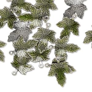 Charm, enamel and antique silver-plated brass, green, 13x12mm single-sided maple leaf. Sold per pkg of 20.