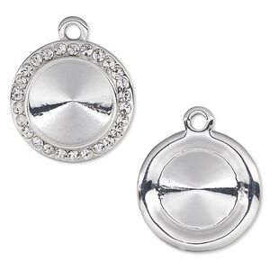 Drop, Almost Instant Jewelry®, crystals and silver-plated "pewter" (zinc-based alloy), crystal clear, 18.5mm round with 14mm rivoli setting. Sold individually.