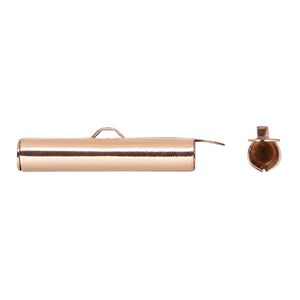 End bar, copper-plated brass, 26x5mm round tube with fold-in ends, 4mm inside diameter. Sold per pkg of 10.