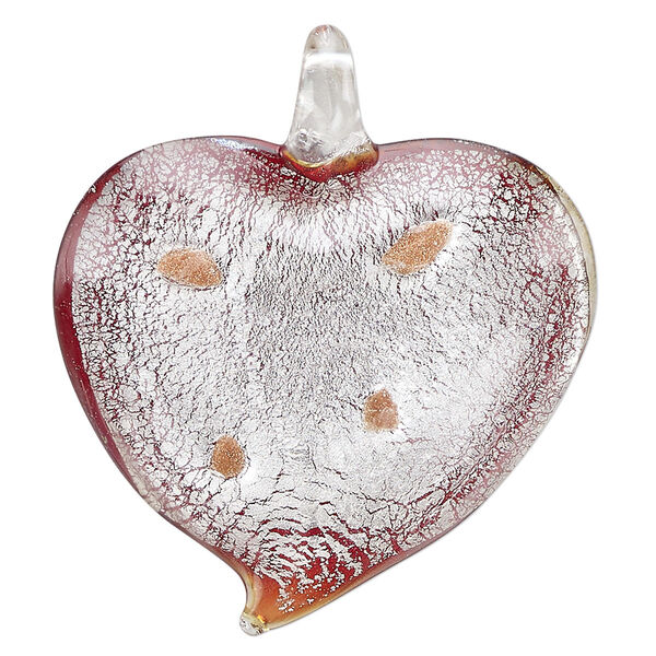 Pendant, lampworked glass, clear and dark red, 36mm heart with silver-colored foil. Sold individually. image number 0
