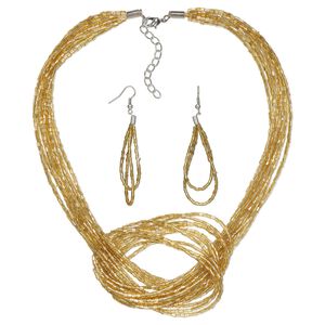 Necklace and earring set, Everyday Jewelry,  imitation rhodium-plated-steel and glass, light gold, 16-inches with 2-inch extender chain, 3-inch earrings with fishhook ear wires, 19 gauge. Sold per set.