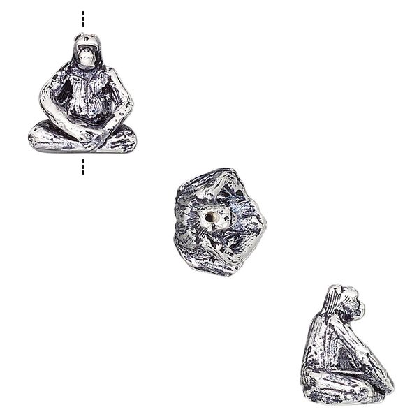 Bead, antique silver-plated brass, 12.5x11mm vertically-drilled 3D gorilla. Sold individually. image number 0