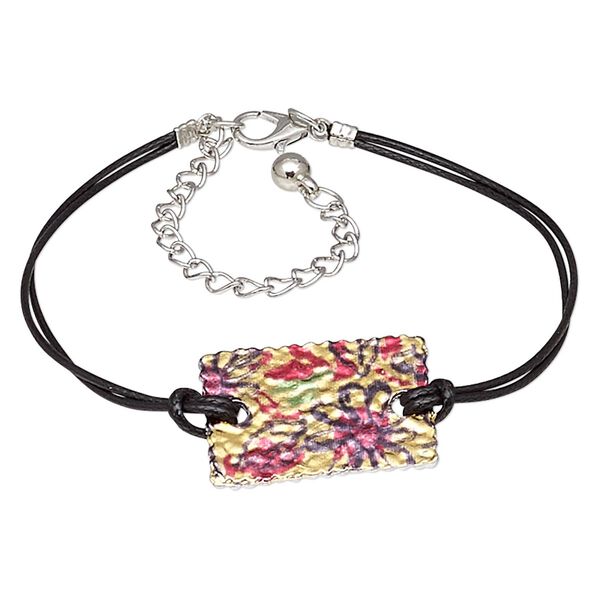 Bracelet, mylar / waxed cotton cord / imitation rhodium-plated steel / "pewter" (zinc-based alloy), black and multicolored, 27x19mm rectangle with flower design, 8 inches with 3-inch extender chain and lobster claw clasp. Sold individually. image number 0