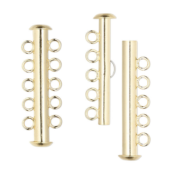 Clasp, 5-strand slide lock, gold-plated brass, 31x6mm tube. Sold per pkg 100. image number 0