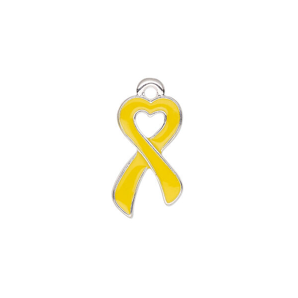 Charm, enamel and silver-finished "pewter" (zinc-based alloy), yellow, 18x10.5mm single-sided awareness ribbon heart. Sold per pkg of 2. image number 0
