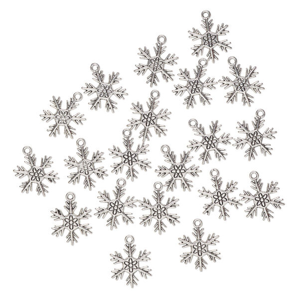 Charm, "pewter" (zinc-based alloy), pkg/20, 24x18mm-24x20mm single-sided snowflake, silver finish. image number 0