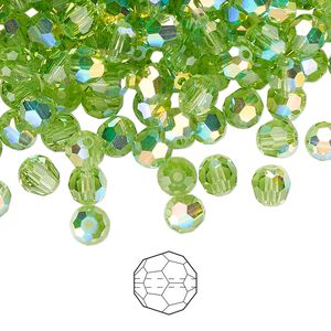 Bead 24pk peridot AB, Preciosa Czech crystal 5mm round