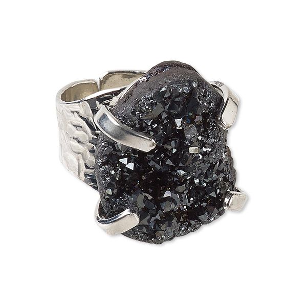 Ring, electroplated druzy agate (coated) and imitation rhodium-plated brass, black, hammered band with 24x18mm-27x21mm hand-cut freeform, adjustable. Sold individually. image number 0