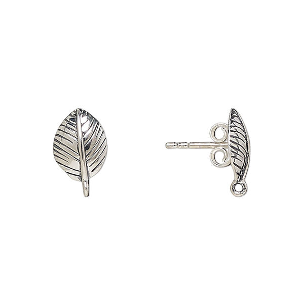Earstud, antiqued sterling silver, 10x7mm leaf with closed loop. Sold per pair. image number 0