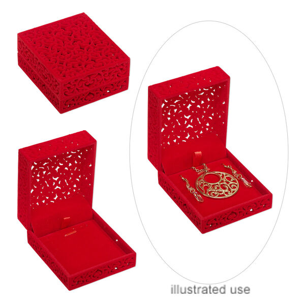 Box, gift, flocked and padded velveteen / acrylic / steel, red, 3-1/8 x 2-3/4 x 1-1/2 inch hinged rectangle. Sold individually. image number 0