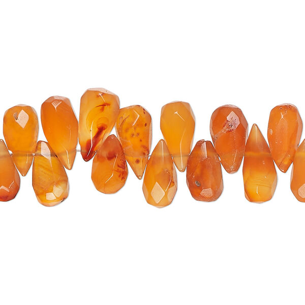 Bead, carnelian (dyed / heated), medium to dark, 9x4mm-12x6mm hand-cut top-drilled faceted teardrop, B+ grade, Mohs hardness 6-1/2 to 7. Sold per 14-inch strand, approximately 110 beads. image number 0