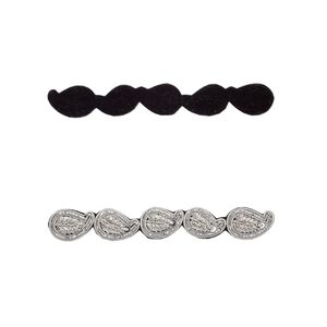 Sew-on component, velveteen and silver-finished copper French wire, black, 5-1/2 x 3/4 inch with leaf design. Sold individually.