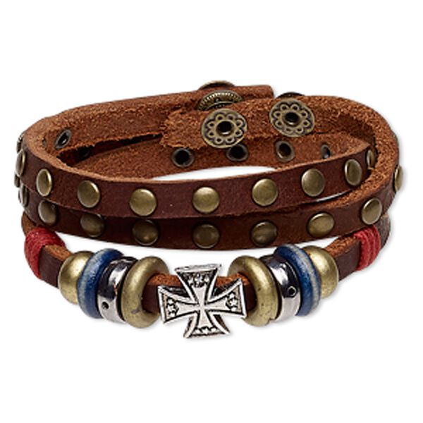Bracelet, wrap, leather / wood (dyed) / waxed cotton cord / antique brass-coated plastic / antique brass-plated brass / steel / "pewter" (zinc-based alloy), multicolored, 15mm wide with 15mm cross, adjustable at 6 and 6-1/2 inches with snap closure. Sold individually. image number 0