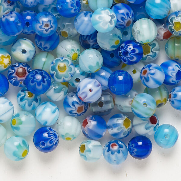 Bead, millefiori glass 1pkg2oz, translucent blue and multicolored, 6-7mm round. image number 0