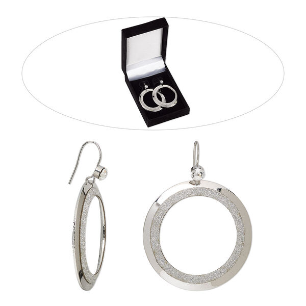 Earring, Czech glass rhinestone with rhodium-finished brass and steel, clear with silver-colored glitter, 2-1/4 inches with two-tone round donut and fishhook ear wire. Sold per pair. image number 0