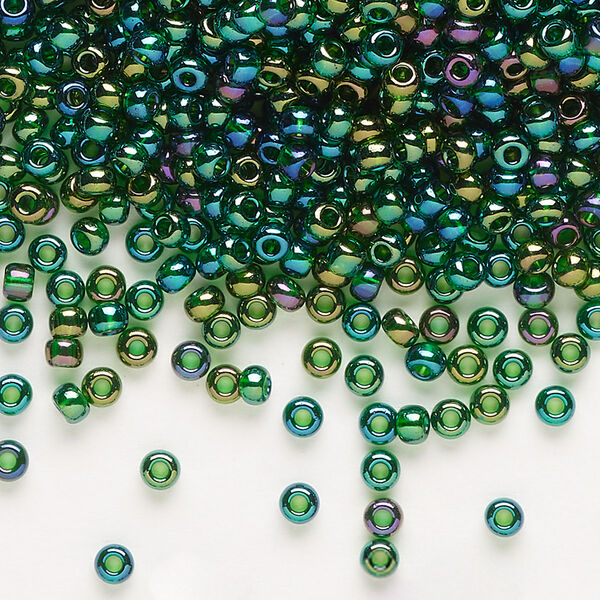 Seed bead, Preciosa Ornela Czech glass, pkg/50g, #8 rocaille, translucent rainbow medium green, (51060). image number 0