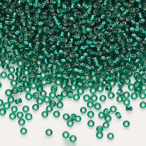 Seed bead, Miyuki, glass, pkg/25g, #11 rocaille, transparent silver-lined emerald green (RR-17).