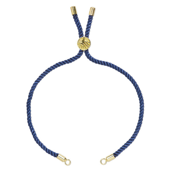 Bracelet component, nylon and gold-finished "pewter" (zinc-based alloy), cobalt, 3mm wide, 8-3/4 inches with 9mm flat round adjustable slider bead with tree of life design and 2 open loops. Sold individually. image number 0
