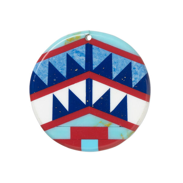 Focal, cabibe shell and resin, blue and multicolored, 30mm top-drilled single-sided flat round with Yakan pattern. Sold individually. image number 0