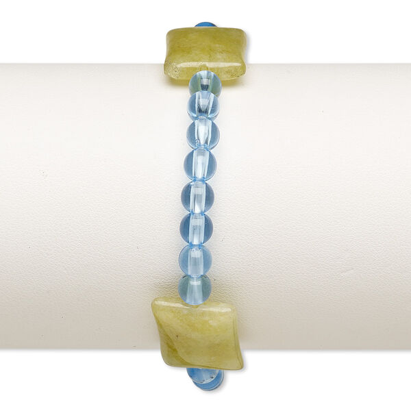 Bracelet, stretch, quartz (dyed) and acrylic, blue and green, 5mm round and 19x15mm-20x16mm puffed rectangle, 6-1/2 inches. Sold individually. image number 0