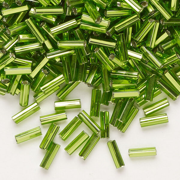 Bead, Preciosa Ornela Czech glass, bugle bead, pkg/50g, 1/4 inch, silver-lined transparent lime green, (57430). image number 0