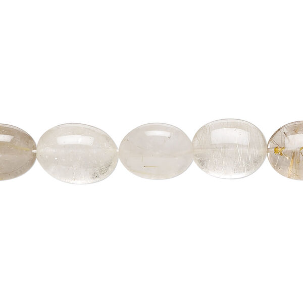Bead, golden rutilated quartz (natural), 10x8mm-14x9mm hand-cut puffed oval with 0.4-1mm hole, C grade, Mohs hardness 7. Sold per 13-inch strand. image number 0