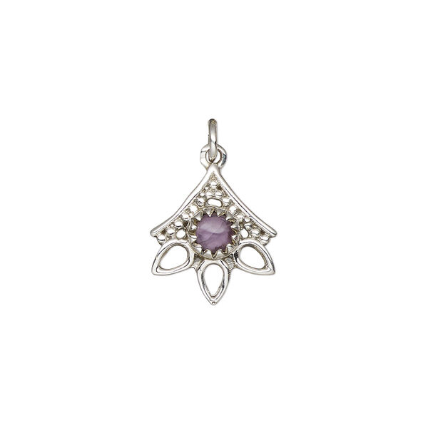 Amethyst / sterling silver 1pkg1, open beaded drop natural antiqued 14x12.5mm image number 0