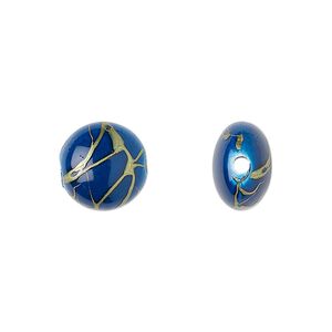 Bead, acrylic, dark blue and gold, 12mm puffed flat round with swirls. Sold per pkg of 160.