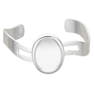 Bracelet, cuff, silver-plated brass and "pewter" (zinc-based alloy), 63x30mm with wave design and 25x18mm oval setting, adjustable. Sold individually.