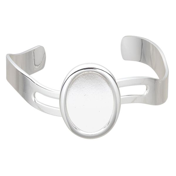 Bracelet, cuff, silver-plated brass and "pewter" (zinc-based alloy), 63x30mm with wave design and 25x18mm oval setting, adjustable. Sold individually. image number 0