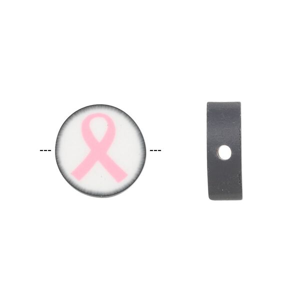 Bead, polymer clay, white / black / pink, 14mm double-sided flat round with awareness ribbon. Sold per pkg of 30. image number 0