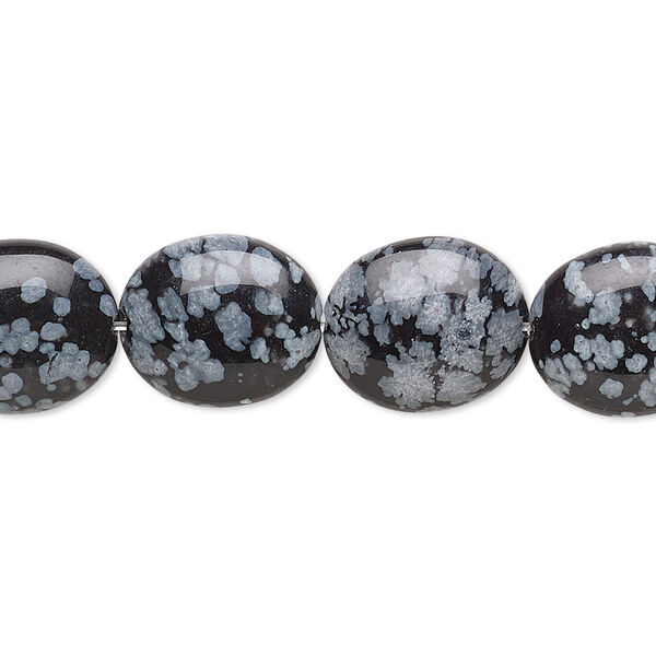 Bead, snowflake obsidian (natural), 14x12mm flat oval, B grade, Mohs hardness 5 to 5-1/2. Sold per 15-1/2" to 16" strand. image number 0