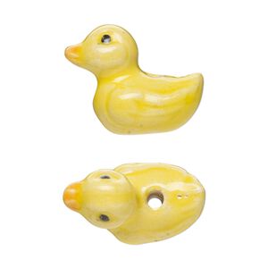 Bead, painted and glazed ceramic, yellow / orange / black, 18x16mm 3D duck. Sold per pkg of 2.
