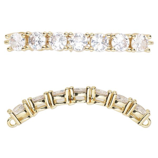 Focal, cubic zirconia and gold-plated brass, clear, 40x5mm curved rectangle. Sold individually. image number 0