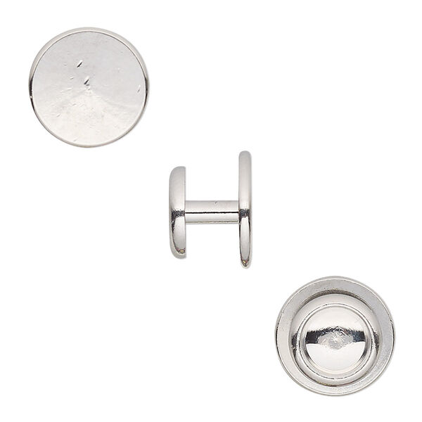 Cuff link, imitation rhodium-finished brass, 12x8mm overall with 12mm round pad. Sold per pkg of 2 pairs. image number 0