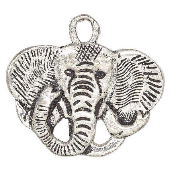Pendant, antiqued aluminum, 57x52mm double-sided elephant head. Sold individually. image number 0