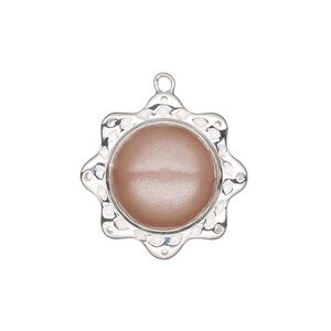 Drop, sterling silver and peach moonstone (natural), pkg/1, 21mm single-sided star, 8 loops.