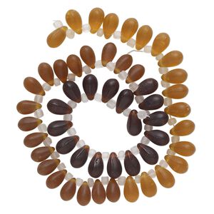 Bead, glass, translucent matte amber, brown and dark brown, 11x7mm top-drilled teardrop with irregular rondelles. Sold per 14-inch strand.